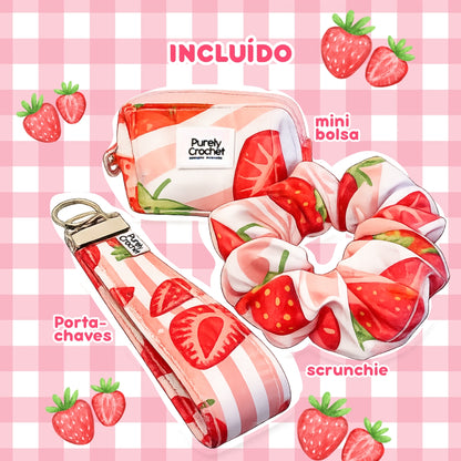 srunchie, mini bolsa, porta-chaves morango