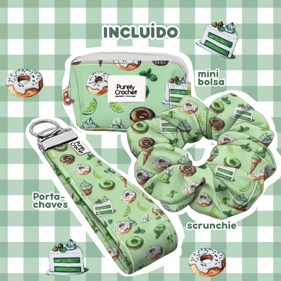 srunchie, mini bolsa, porta-chaves verde donuts e gelado
