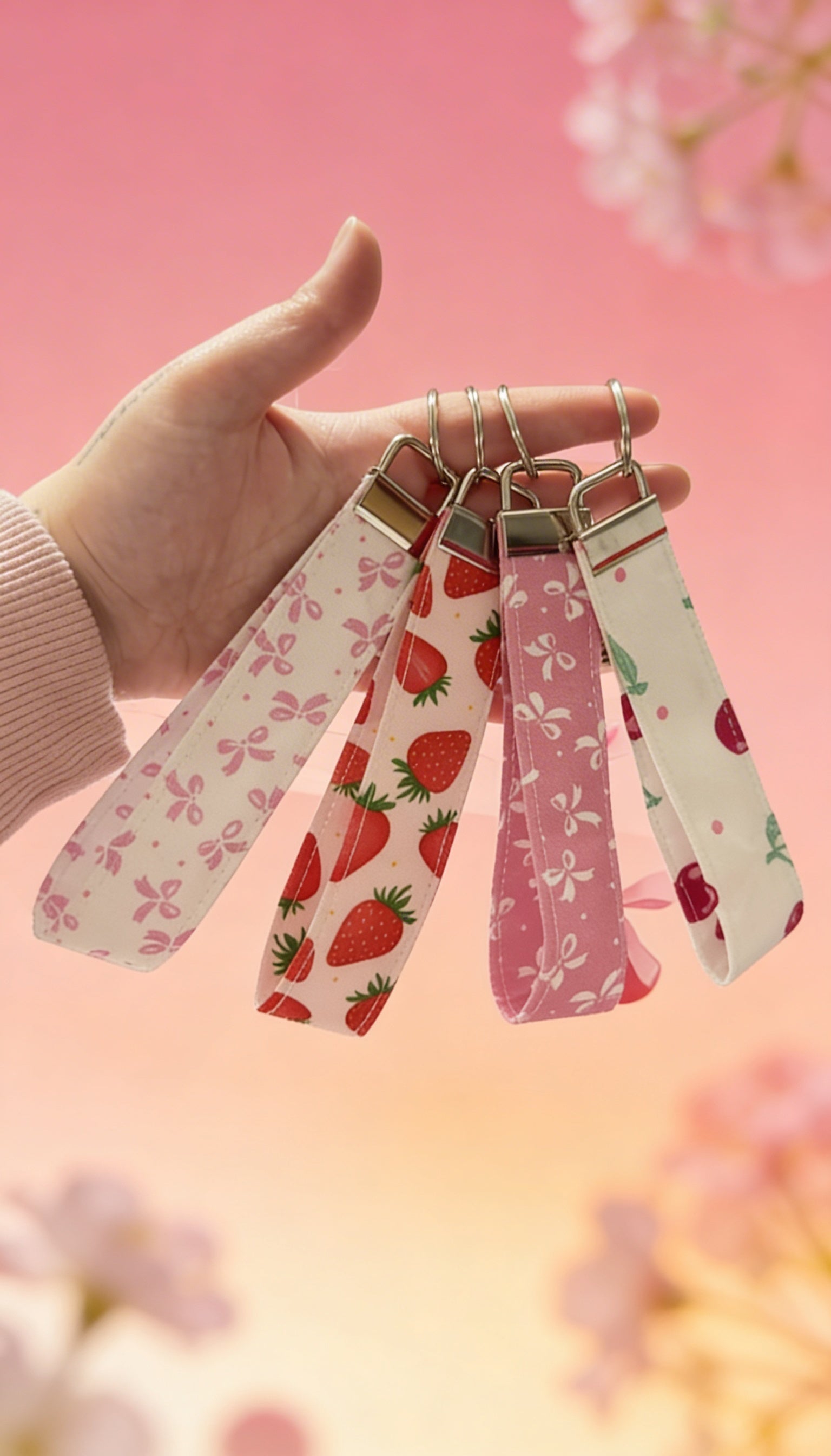 porta-chaves femininos, morangos, laços