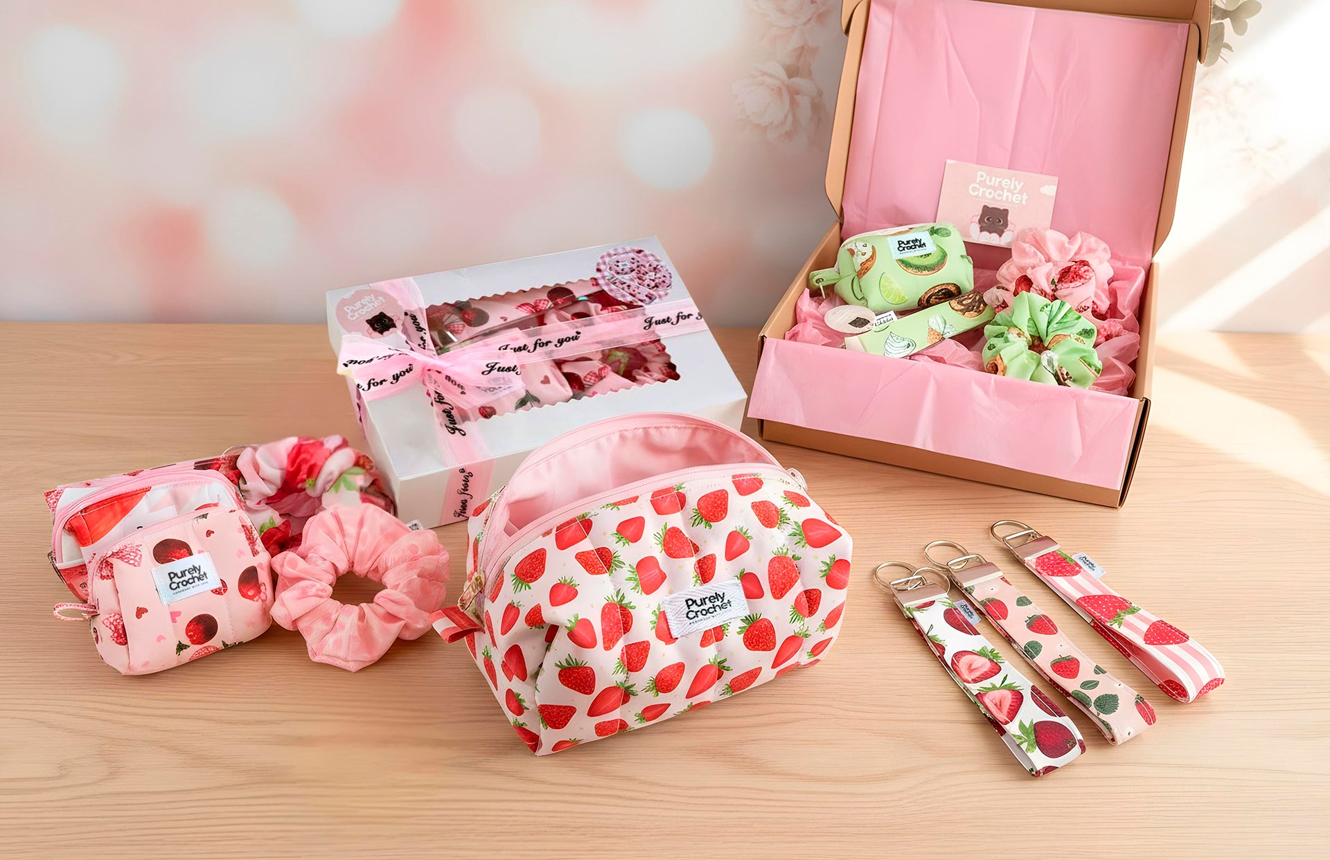 bolsas maquiagem, srunchies cabelo, porta-chaves, mini bolsas, caixas presentes dia da mãe