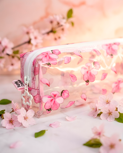 Estojo transparente sakura com material escolar