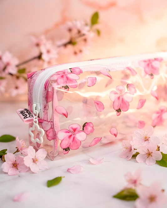 Estojo transparente sakura com material escolar