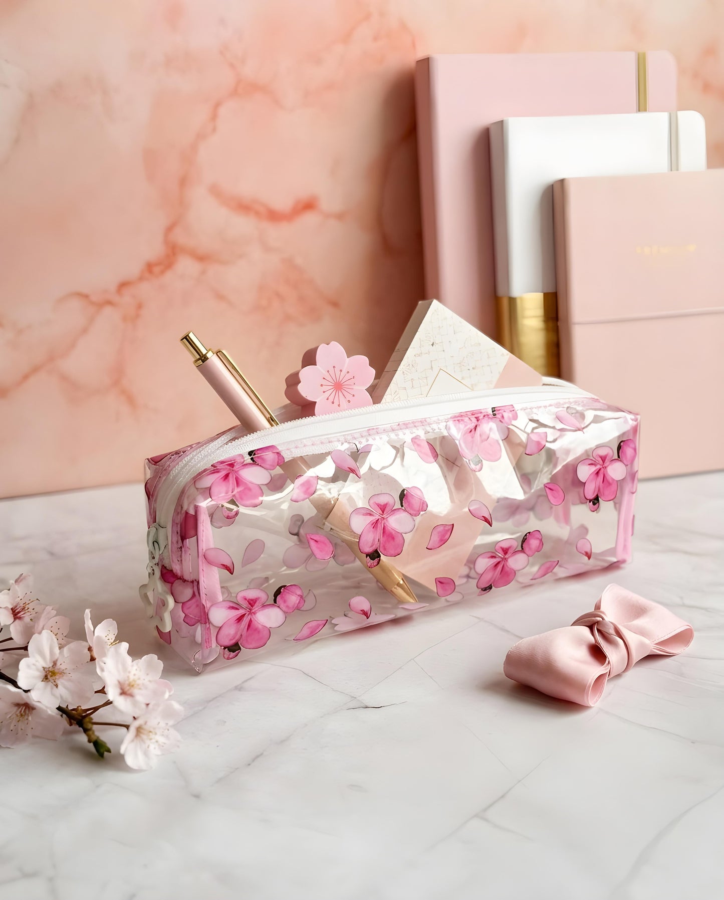 Estojo transparente sakura com flores de cerejeira