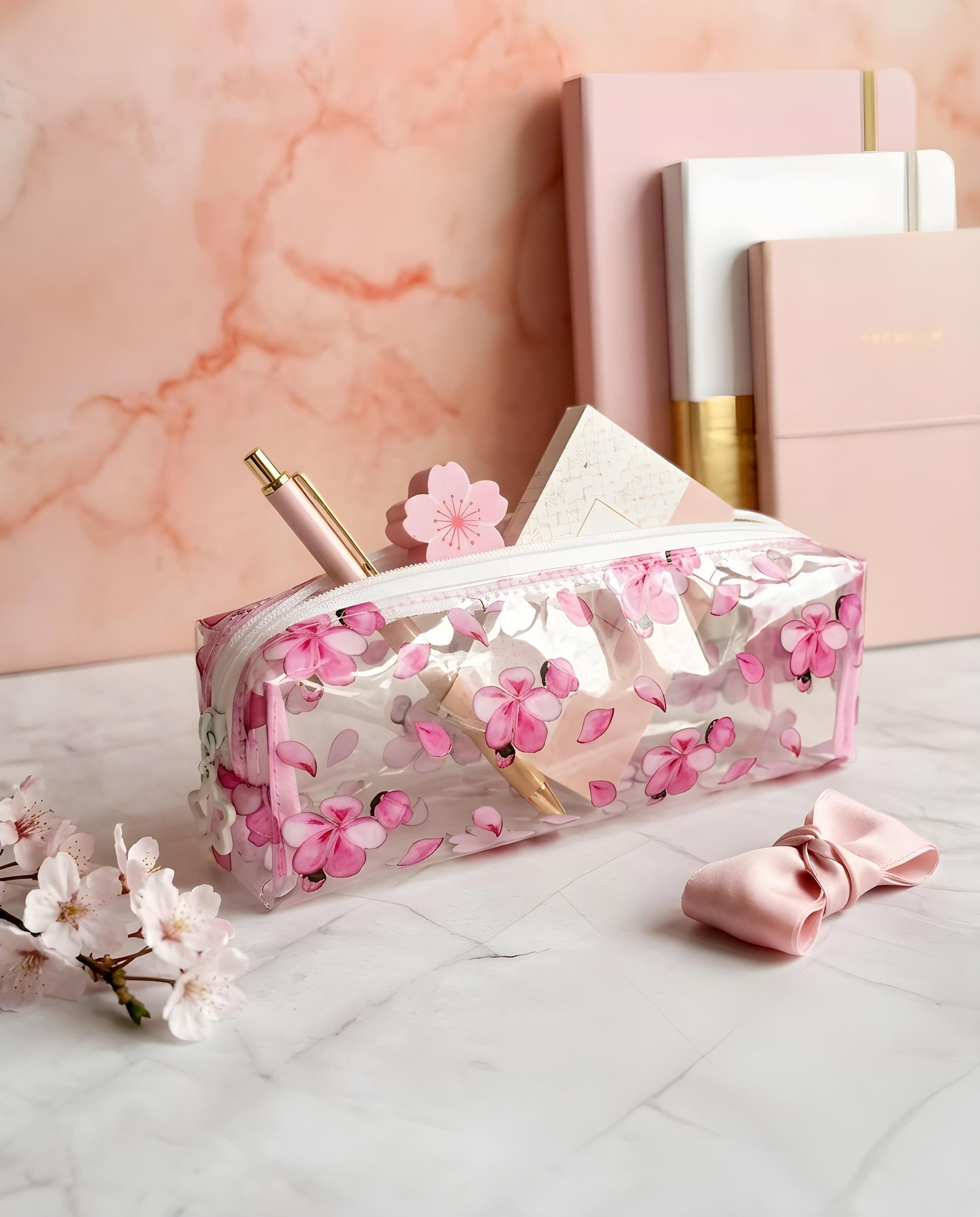 Estojo transparente sakura com flores de cerejeira