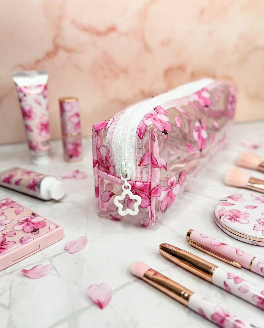 Estojo transparente sakura com pincéis de maquilhagem