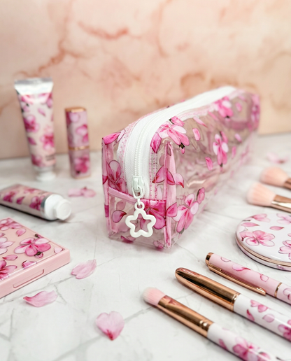 Estojo transparente sakura com pincéis de maquilhagem